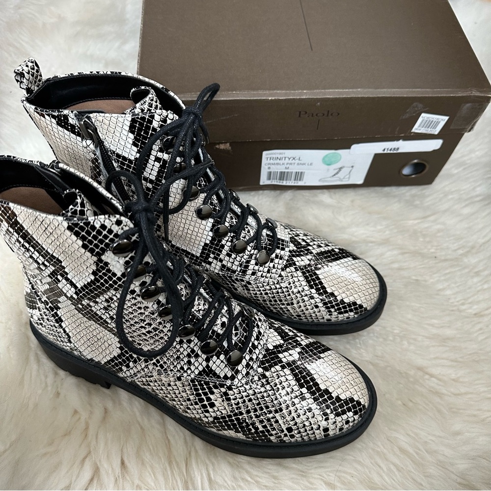 Linea Paolo Trinity Cream and Black Snake Print Leather Combat Boots 8M NWT